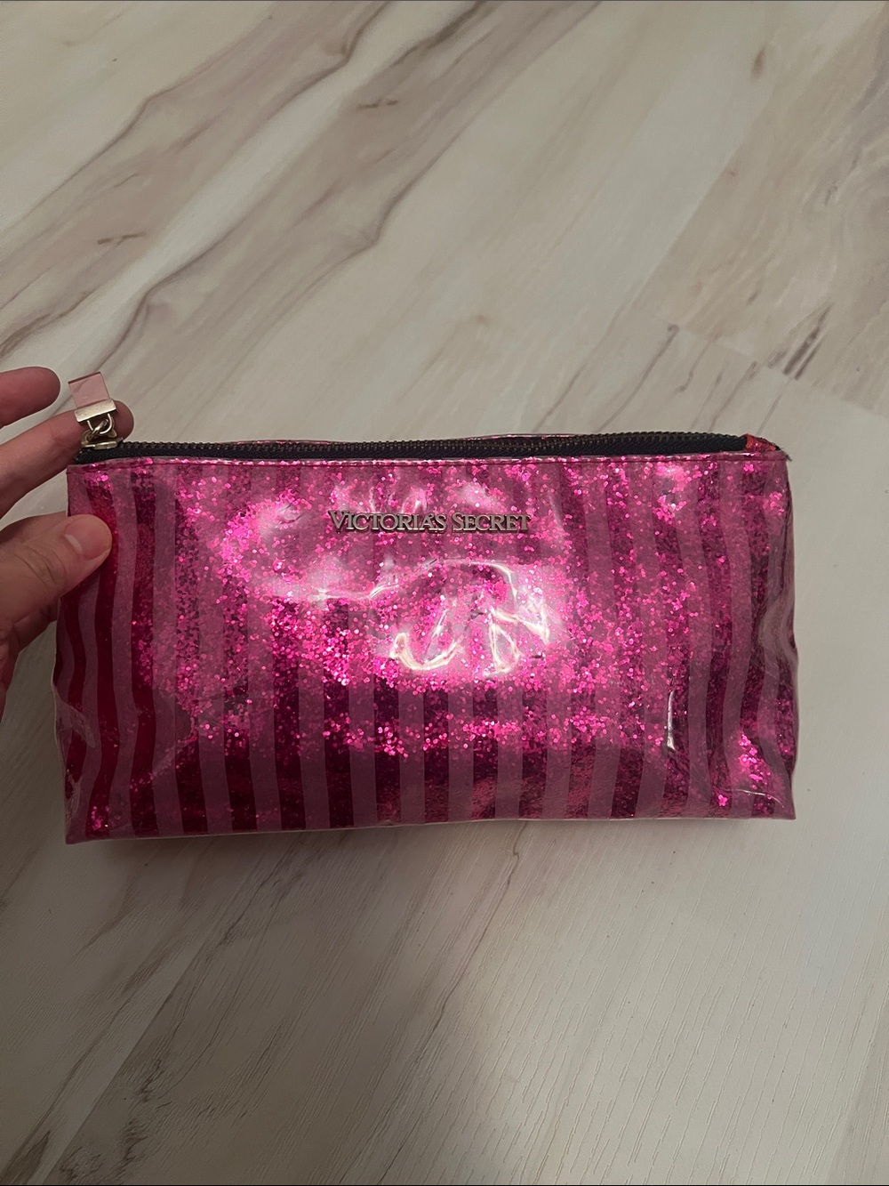 Victoria's Secret Hot Pink Glitter Stripe Cosmetic Pouch